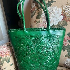 Green Embossed Leather Tote Bag